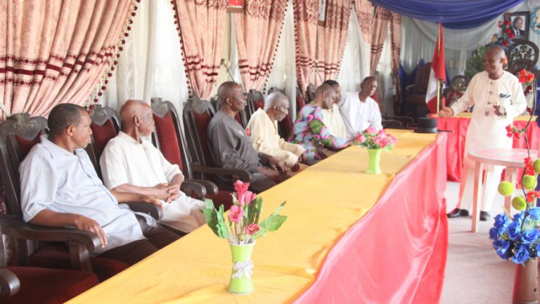 The paramount ruler of Korokoro community and his council of chiefs during scoping visit on ESHRIA)  project funded by Cordaid